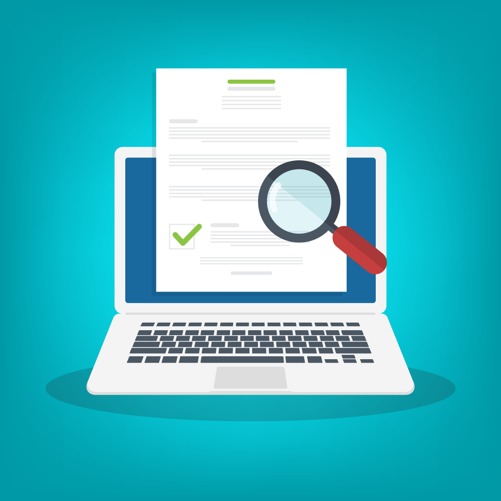 Magnifying glass over a document over a computer, vector illustration